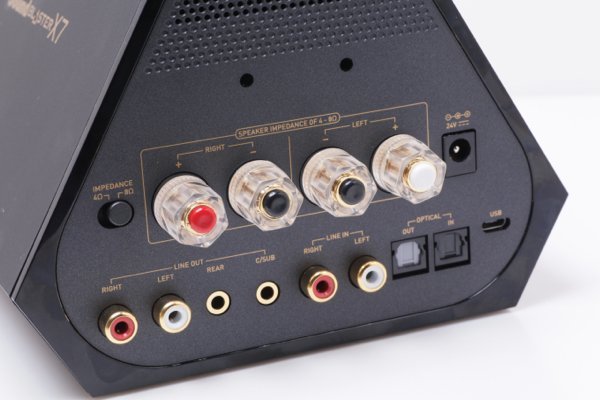 ▲機背有 Analog、光纖輸入及輸出端子，左側有一個 Ohms 的撥桿。